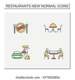 Restaurant new normal color icons set.Private dining, outdoor dining, social distancing, drive in dining. Regulation through covid19.New rules concept. Isolated vector illustrations