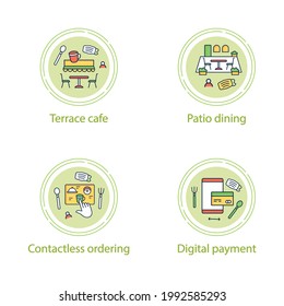 Restaurant new normal concept line icons. Digital payment, patio dining, contactless ordering, terrace cafe. Vector isolated conception metaphor illustrations