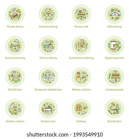 Restaurant new normal concept line icons. Regulation through covid19.New rules. Vector isolated conception metaphor illustrations