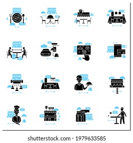 Restaurant new normal glyph icons set. Regulation through covid19.New rules concept. Filled flat sign. Isolated silhouette vector illustration