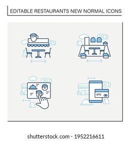 Restaurant New Normal Line Icons Set.Digital Payment, Patio Dining, Contactless Ordering, Terrace Cafe. Regulation Through Covid19.New Rules Concept. Isolated Vector Illustrations.Editable Stroke