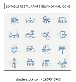 Restaurant new normal line icons set. Regulation through covid19.New rules concept. Isolated vector illustrations.Editable stroke
