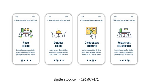 Restaurant new normal onboarding mobile app screens. Regulation through covid19.New rules steps menu. Set of UI, UX, web template with RGB color linear icons