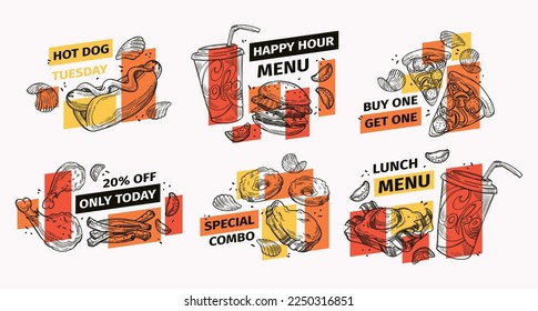 Restaurant offer tag set with hand drawn food. Marketing emblem design collection with fast food elements, vector illustration. Hot dog tuesday, happy hour menu and special combo sign