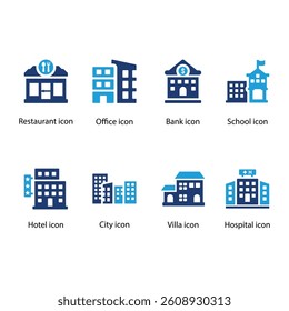 Restaurant, Office, Bank, School, Hotel, City, Villa, Hospital, Blue Icon Set