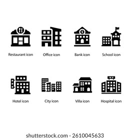 Restaurant, Office, Bank, School, Hotel, City, Villa, Hospital, Black Icon Set