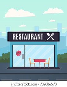 Restaurant on the background of the city. Restaurant facade. Vector illustration in a flat style