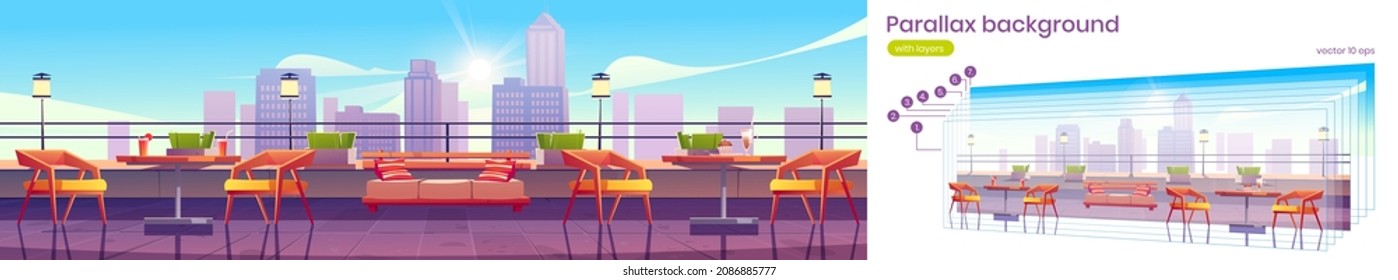 Restaurant on rooftop or building terrace with city view. Vector parallax background for 2d game animation with cartoon illustration of empty patio on roof or balcony with cafe furniture