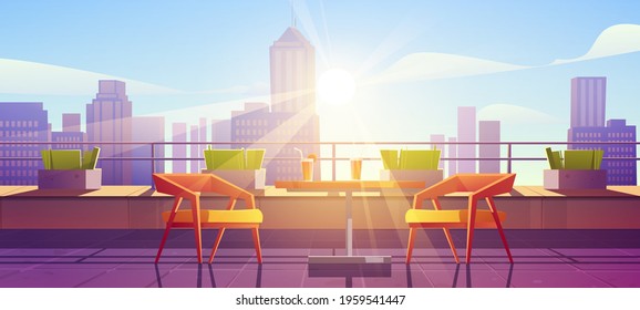 Restaurant on terrace on rooftop with city view. Empty patio on roof or balcony with cafe furniture, table, chairs and plants at sunny day. Vector cartoon illustration of house terrace in town