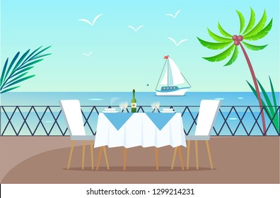 Restaurant on wooden pier vector, served table by seaside. Ship on sea, palm trees tropical atmosphere, empty bowls on desk and bottle of champagne