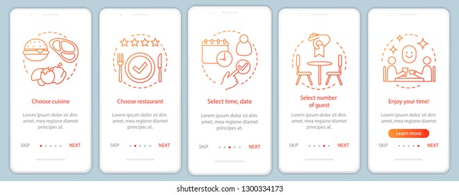 Restaurant onboarding mobile app page screen vector template. Event guest cafe dinner. Cuisine food menu. Walkthrough website steps with linear illustrations. UX, UI, GUI smartphone interface concept