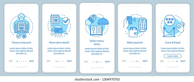 Restaurant onboarding mobile app page screen vector template. Guest cafe event. Dinner menu payment. Walkthrough website steps with linear illustrations. UX, UI, GUI smartphone interface concept