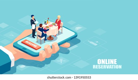 Restaurant online booking concept. Vector of a hand holding a smartphone with couple dining and waiter serving a table.