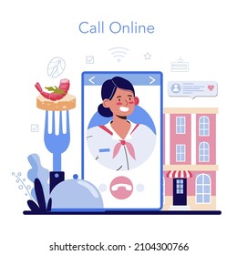 Restaurant online service or platform. Caffe employees and administration. Hostess helps visitors. Online call. Flat vector illustration.