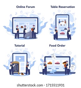 Restaurant online service or platform set. Waiter staff in the uniform, catering service. Table reservation and online order. Isolated vector illustration in cartoon style