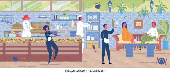 Restaurant with Open Kitchen. Woman Sit on Couch Talking and Drinking. Cook Prepare Food, Waiter Serve Meal, Bring Wine Bottle. Friend Meeting, Girl Conversation in Cafe Vector Ilustration