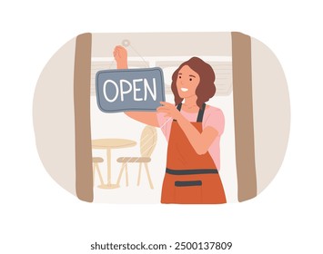 Restaurant opening day isolated cartoon vector illustrations. Smiling waiter opening a restaurant in the morning, service sector, horeca business, cafe owner, bar entrance vector cartoon.