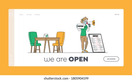 Restaurant Opening Landing Page Template. Promoter Character Wearing Protective Mask for Covid Contagious Pandemic Protection Yelling to Loudspeaker Calling Customers. Linear Vector Illustration