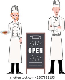 Restaurant opens, two cooks stand and pose.