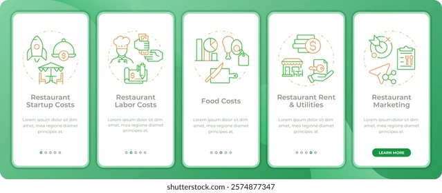 Restaurant operational costs app onboarding screens. Duo tone vector illustration. UI design flow. 5 steps walkthrough mobile interface slide layout
