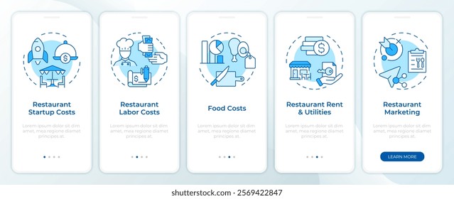 Restaurant operational costs blue onboarding mobile app screen. Walkthrough 5 steps editable graphic instructions with linear concepts. UI, UX, GUI template