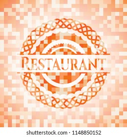 Restaurant orange tile background illustration. Square geometric mosaic seamless pattern with emblem inside.