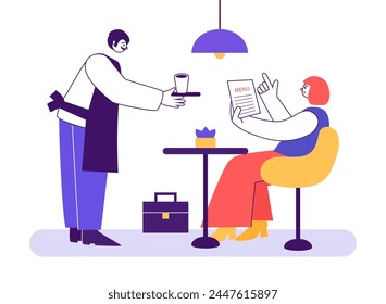Restaurant order taking, waitress and client at table. Vector of restaurant waitress at cafe, food order service, illustration of waiter character