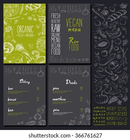 Restaurant organic natural vegan Food Menu Vintage Design with blackboard chalk style Vector set