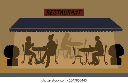 Restaurant or outdoor cafe with silhouettes of people sitting at the table on the night street. Vector illustration.