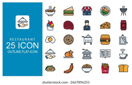 Conjunto de iconos planos de contorno de restaurante. Vector de cocina y elemento de cocina en estilo de diseño plano de contorno.