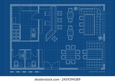 Restaurant outline floor plan. Architectural cafe drawing. Bar interior scheme. Industrial linear map. Pub technical blueprint. Modern ground floorplan. Vector illustration