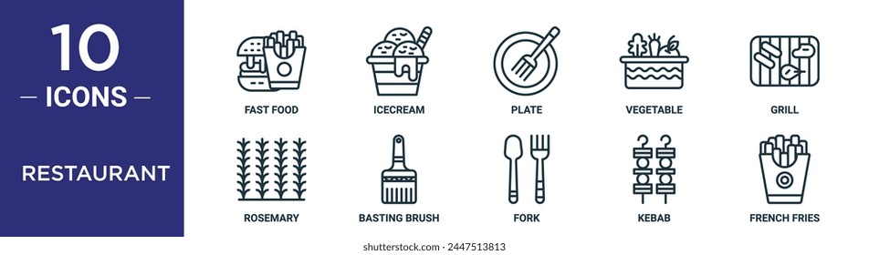 restaurant outline icon set includes thin line fast food, icecream, plate, vegetable, grill, rosemary, basting brush icons for report, presentation, diagram, web design