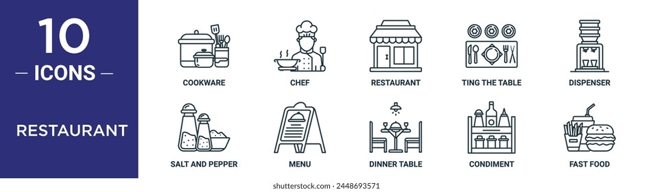 conjunto de iconos de contorno de restaurante incluye utensilios de cocina de línea fina, chef, restaurante, teñir la mesa, dispensador, sal y pimienta, iconos de menú para informe, presentación, diagrama, Diseño web
