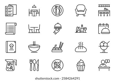Restaurant outline icons set. cafe, bistro. Linear icon collection. Editable stroke. Vector illustration.