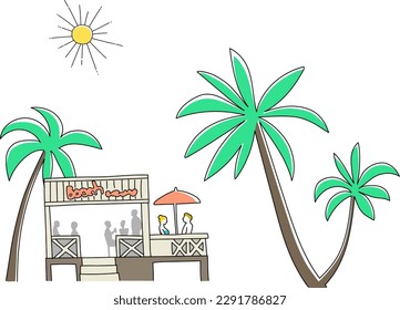 Restaurant and palm tree on the beach in summer