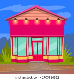 Restaurant with panoramic windows, building in pink color, cafe with big glass and door, green grass near construction in city. Cloudy sky and shadow, street object, leisure element, tourism vector