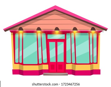 Restaurante con ventanales panorámicos, edificio de color rosa, cafetería con gran vidrio y puerta, construcción en la ciudad sobre fondo blanco. Objeto de comida rápida, elemento de ocio, vector turístico