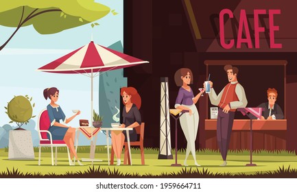 Restaurant patio outdoor area street cafe service counter visitors chatting enjoying drinks outdoor on lawn vector illustration