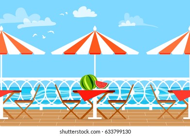 Restaurant Patio. Picnic. Chairs, table and umbrella on terrace balcony. Sea landscape.