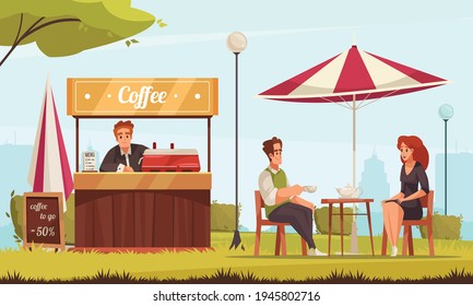 Restaurant Patio Street Cafe Coffee Counter Service Cartoon Composition With Couple Enjoying Tea Chatting Outdoor Vector Illustration 