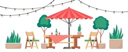 Restaurant Patio. Summer Outdoor Cafe Terrace With Wooden Table And Chairs, Cozy Lounge Cafeteria Scene With Plants And Garland. Vector Illustration. Outside Furnishing For Relaxation
