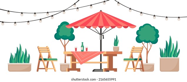 Restaurant patio. Summer outdoor cafe terrace with wooden table and chairs, cozy lounge cafeteria scene with plants and garland. Vector illustration. Outside furnishing for relaxation