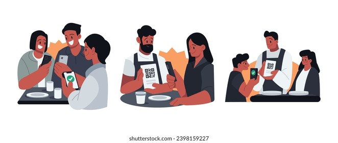 Pago de restaurantes con Smartphone Vector Illustrations Set