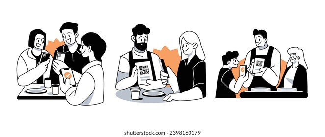 Restaurant Payment with Smartphone Vector Illustrations Set