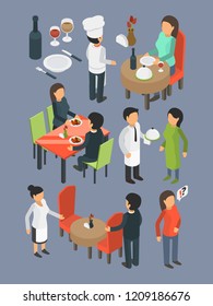 Restaurant People. Catering Staff Services Buffet Banquet Hall Event Guests Eating And Drinking Dinner Bar Food Vector Isometric. Illustration Of Restaurant Banquet, Service Staff Waitress