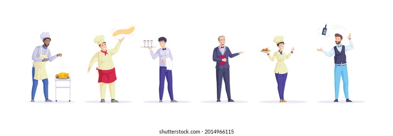 Restaurant personnel in uniform set. Public catering staff chef cooking meals, waiters, bartender, head waiter. Friendly diverse cafeteria service employee with food and drink cartoon vector