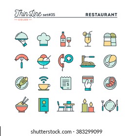 Restaurante, pedido de teléfono, comida, recepción y más, juegos de iconos de color de línea delgada, ilustración vectorial