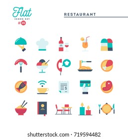 Restaurant, phone ordering, meal, receipt and more, flat icons set, vector illustration