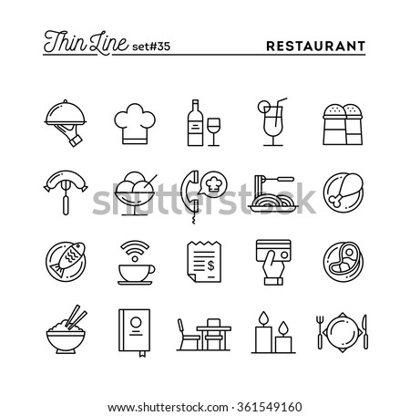 Restaurant, phone ordering, meal, receipt and more, thin line icons set, vector illustration