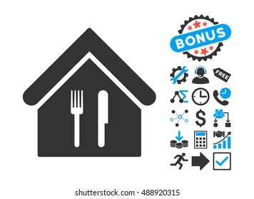 Restaurant pictograph with bonus images. Vector illustration style is flat iconic bicolor symbols, blue and gray colors, white background.
